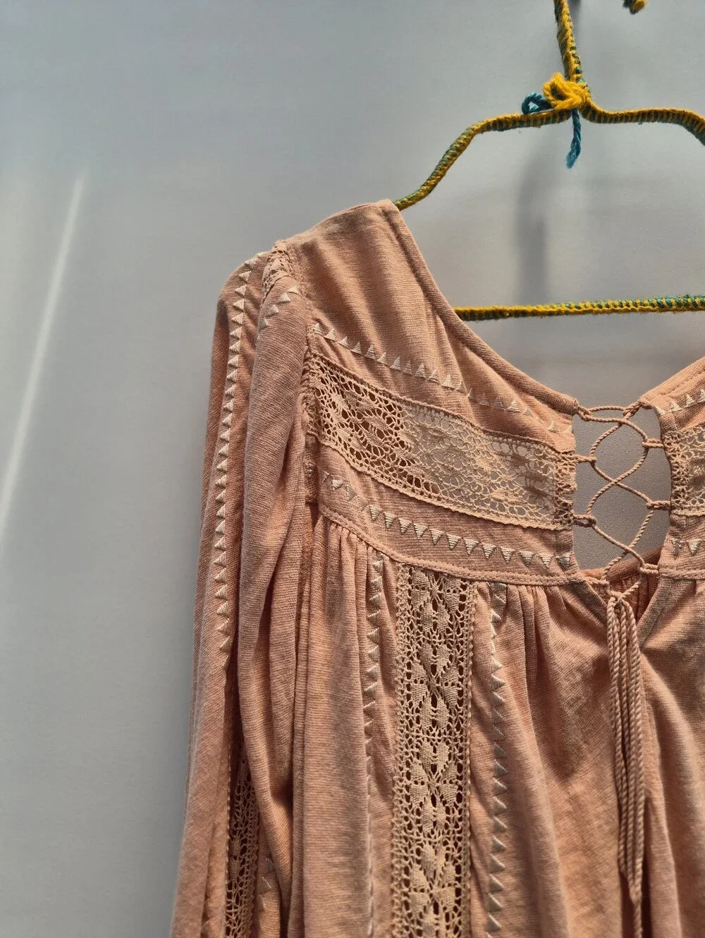 Free People Silverlake Peasant Blouse Large Peach Fairycore 70s Boho Chic Lace
